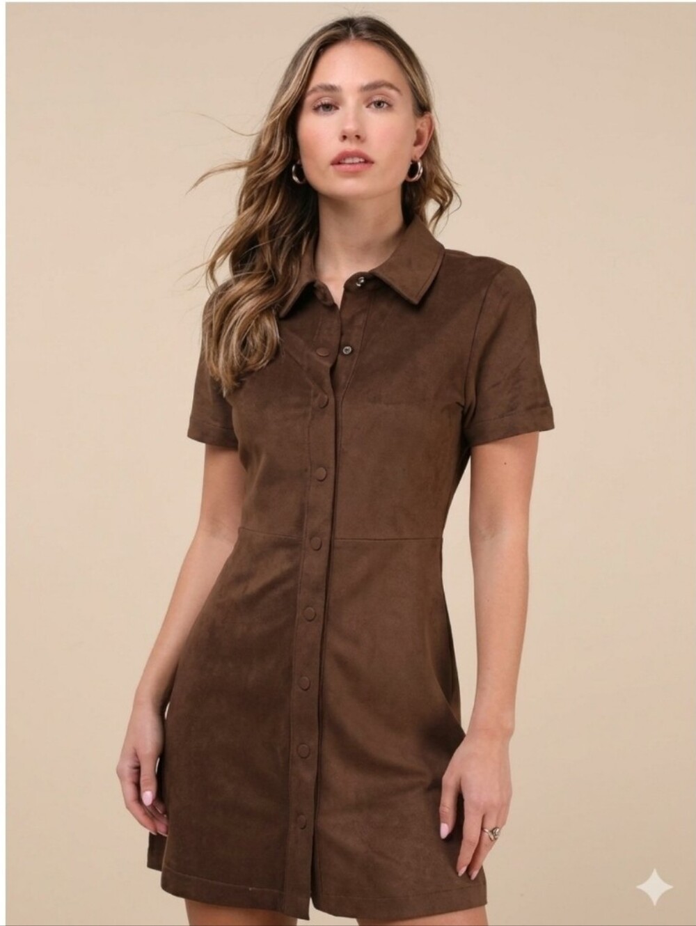 Steve Madden Women's Jolene Brown Faux Suede Short Sleeve Dress Stretch Snap M